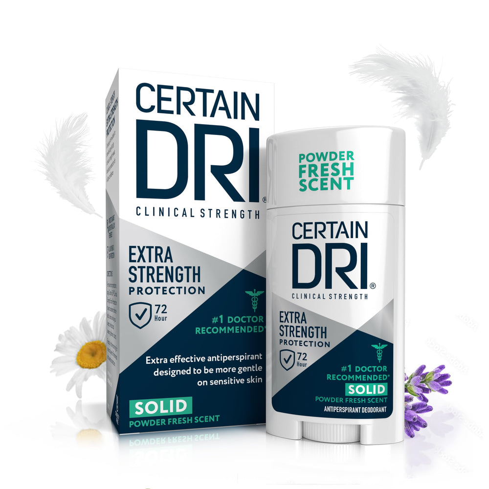 Certain Dri Extra Strength Clinical bottle shown for long-lasting underarm protection.
