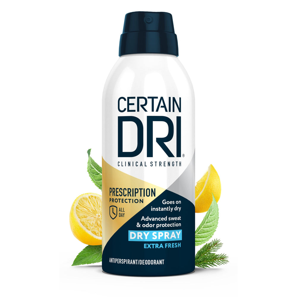 Certain Dri prescription-strength dry spray bottle for all-day sweat protection.