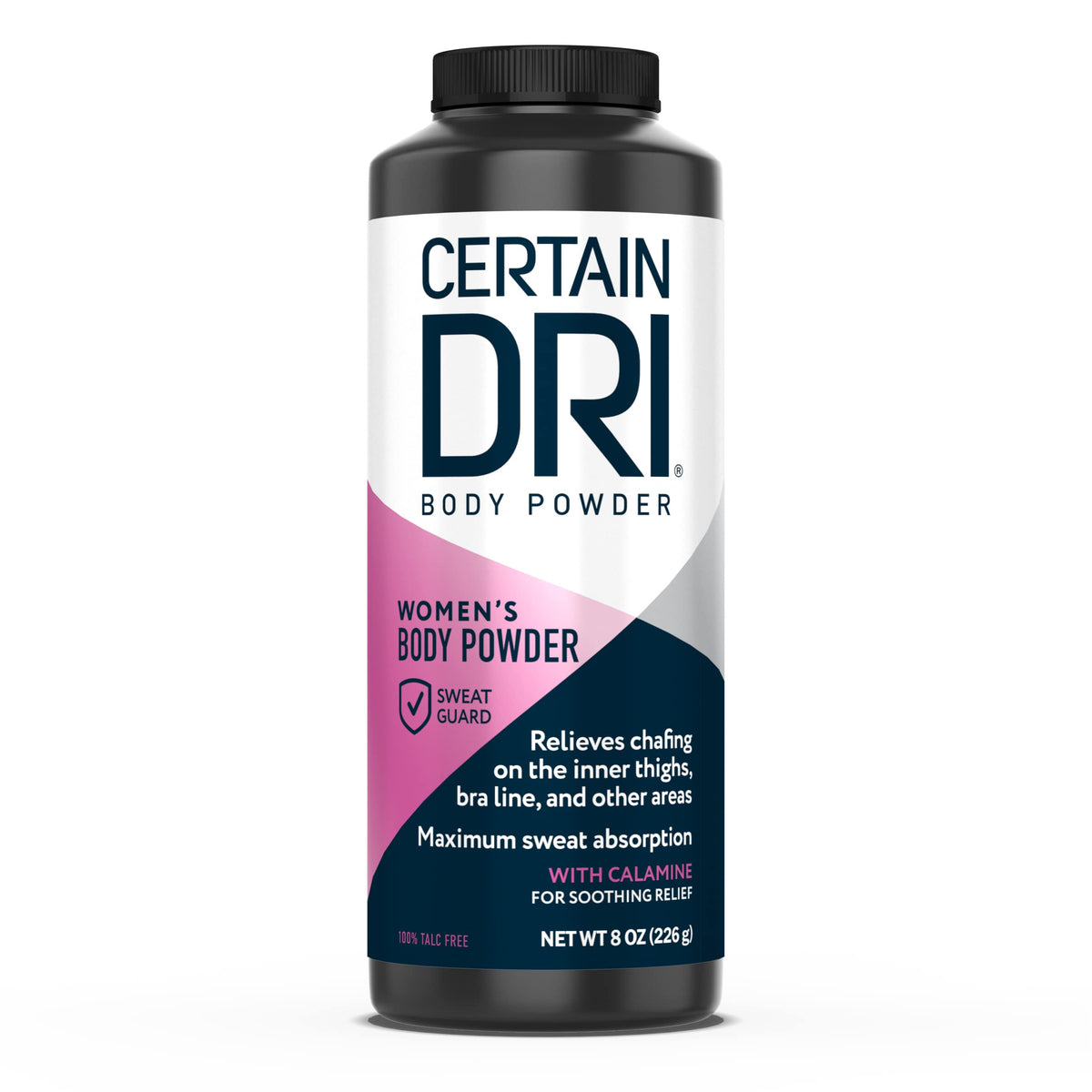 Certain Dri Women’s Body Powder bottle closeup showing talc-free formula for sensitive skin.