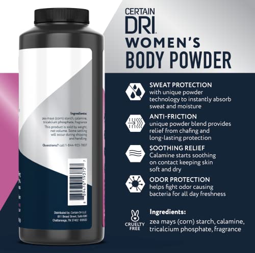 Certain Dri Women’s Body Powder being dusted on skin to absorb moisture.