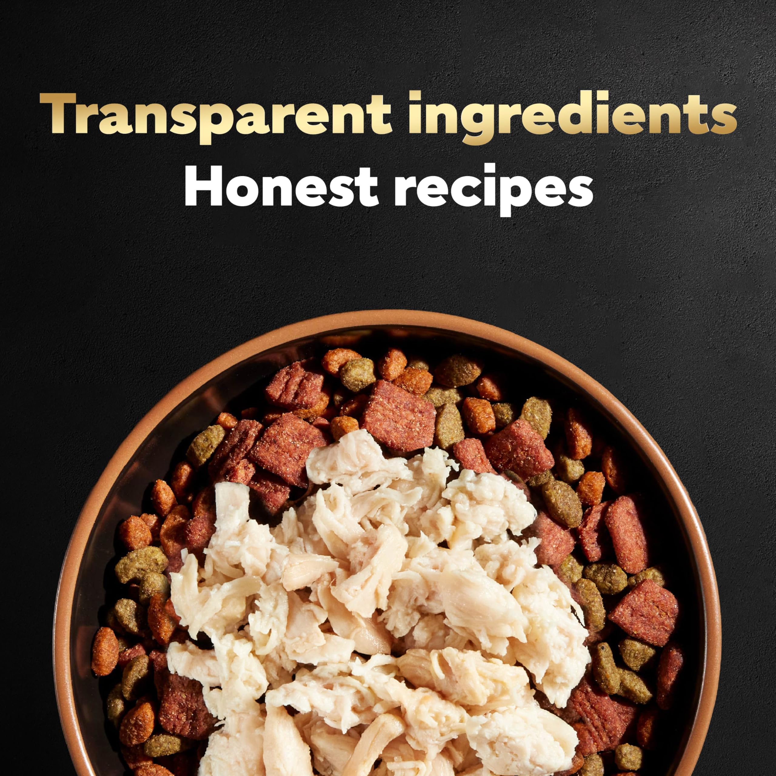 Cesar Simply Crafted chicken meat closeup, highlights real ingredients.