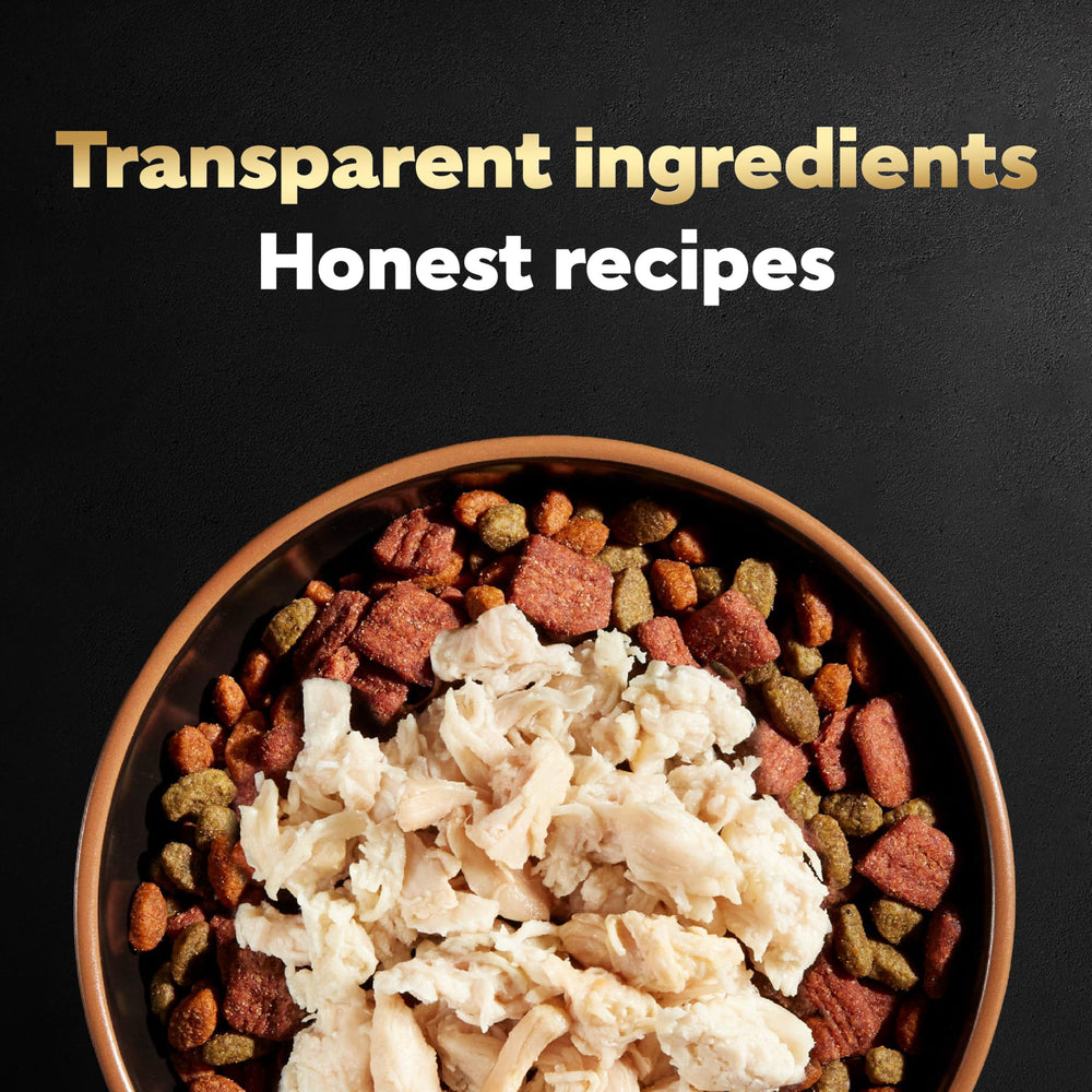 Cesar Simply Crafted chicken meat closeup, highlights real ingredients.