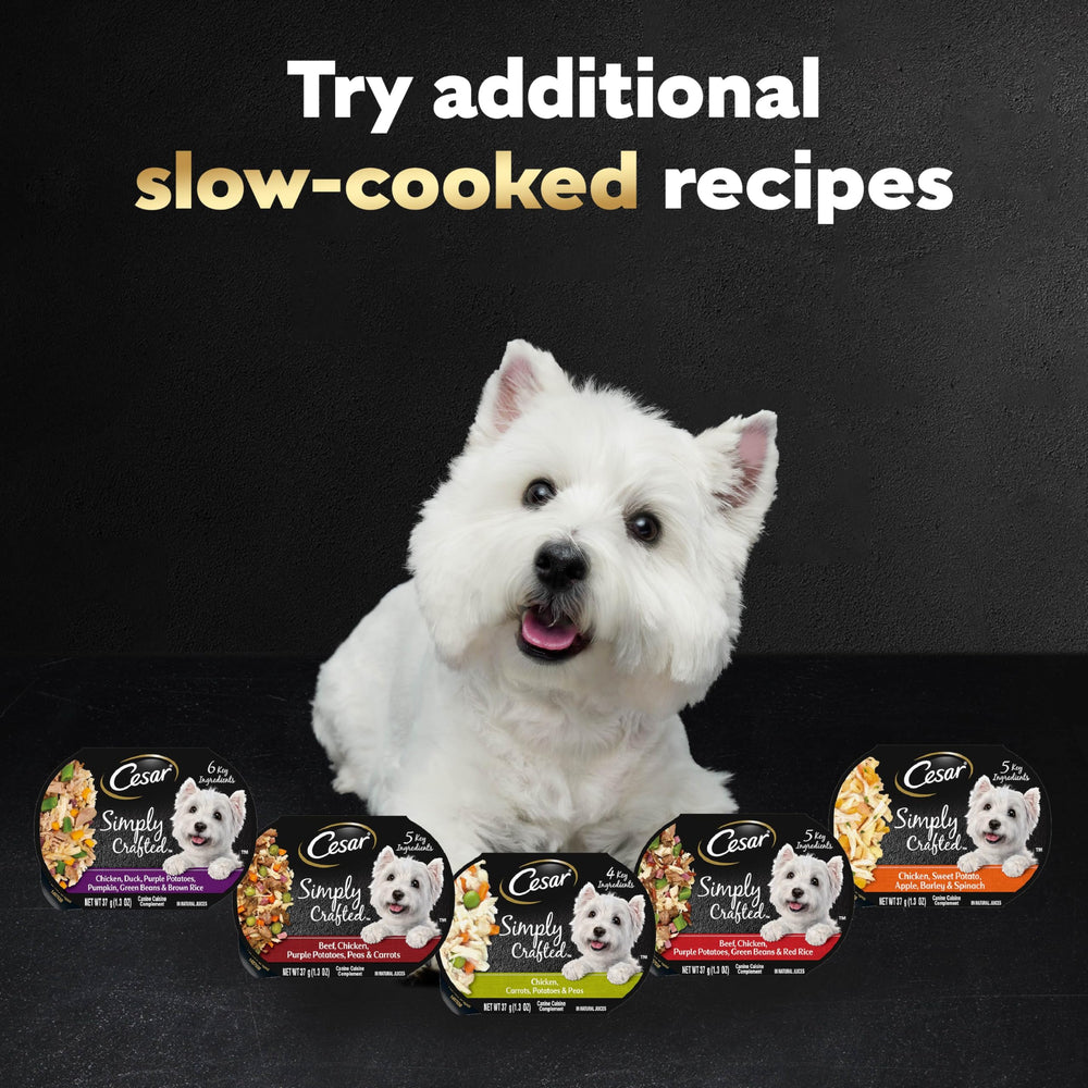 Cesar Simply Crafted premium ingredients label; clear, easy to digest topper for dogs.