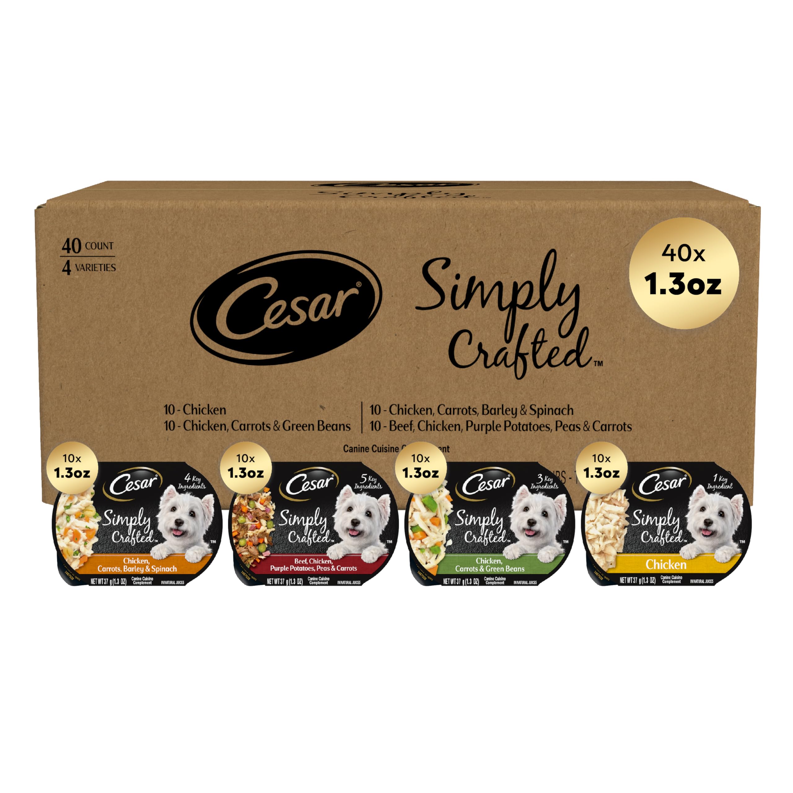 Cesar Simply Crafted wet toppers variety pack for dogs adds real meat flavor to dry kibble.