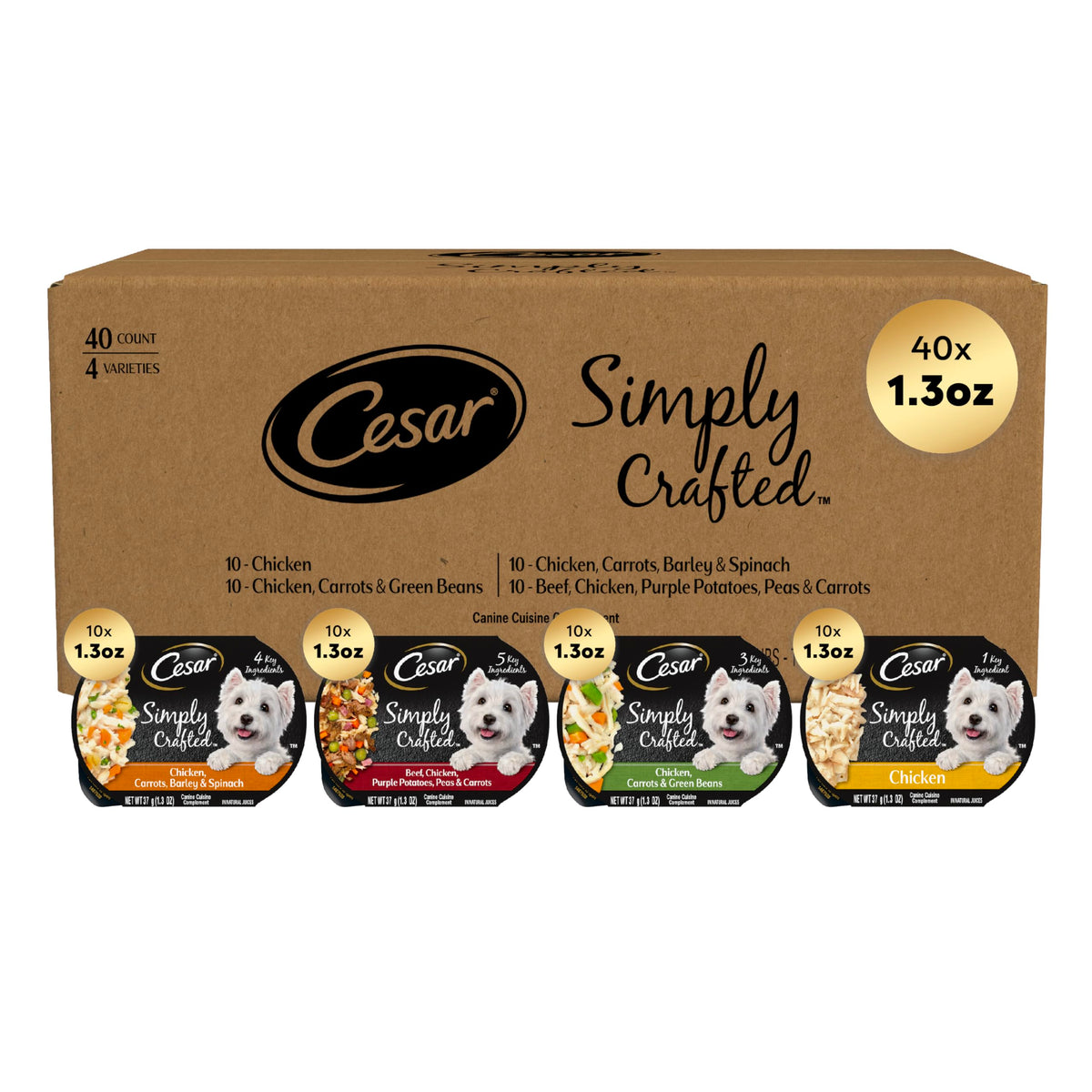Cesar Simply Crafted wet toppers variety pack for dogs adds real meat flavor to dry kibble.