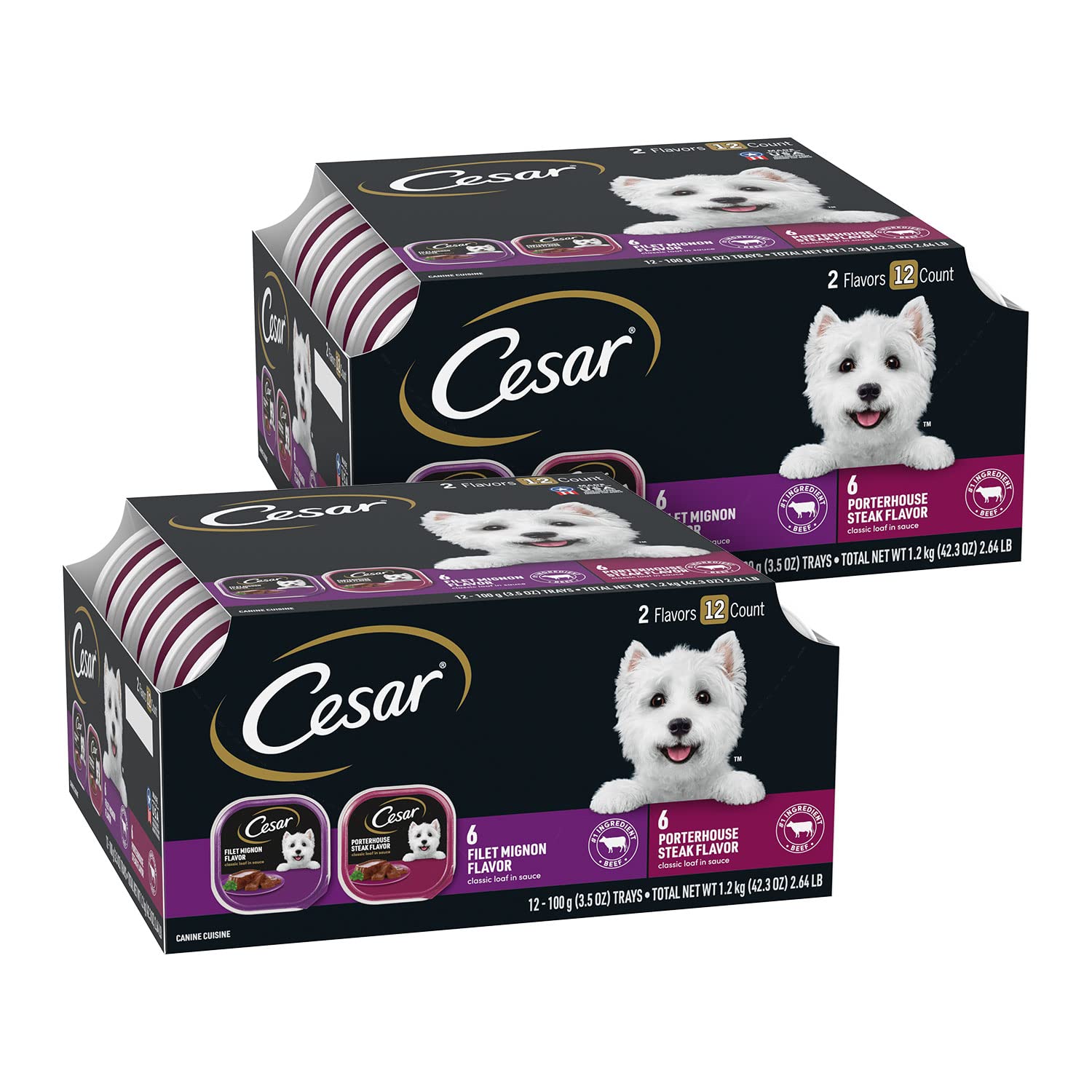 Cesar Filet Mignon loaf in sauce tray shows premium protein for adult dogs.