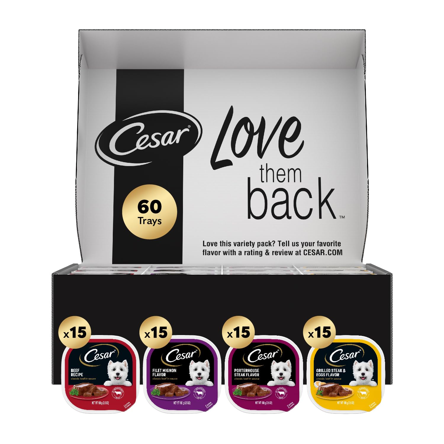 Cesar variety-pack trays offer quick, convenient meals for dogs.