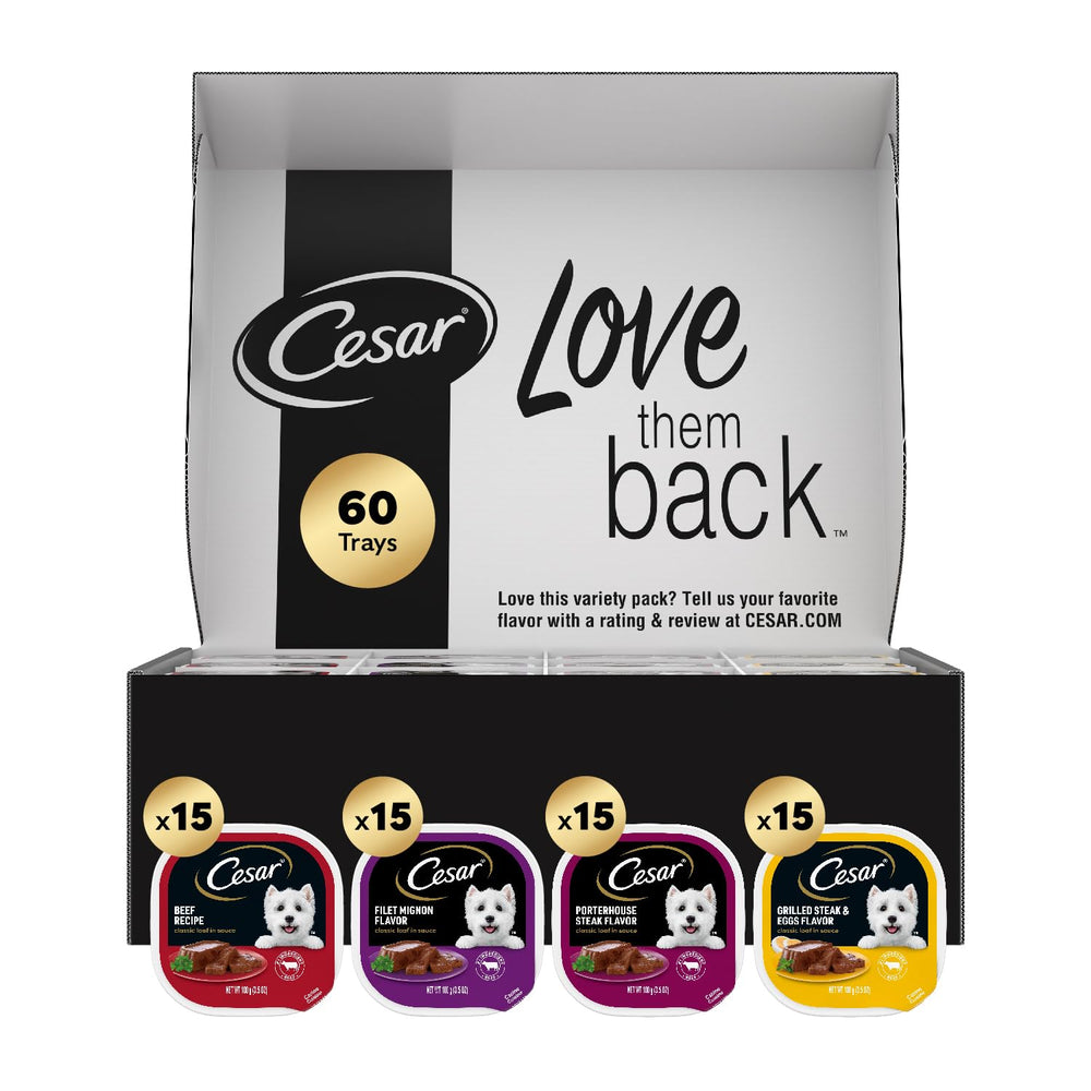 Cesar variety-pack trays offer quick, convenient meals for dogs.