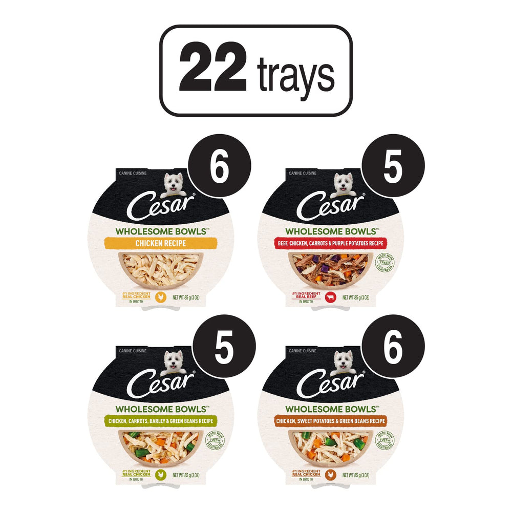 Cesar Wholesome Bowls chicken-first recipe closeup highlights fresh meat.