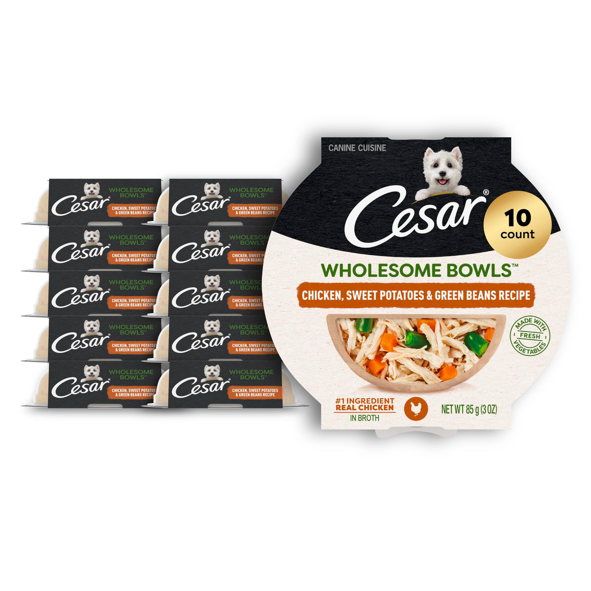 Cesar Wholesome Bowls chicken-sweet-potato-green-beans bowl closeup for an appetizing adult dog meal