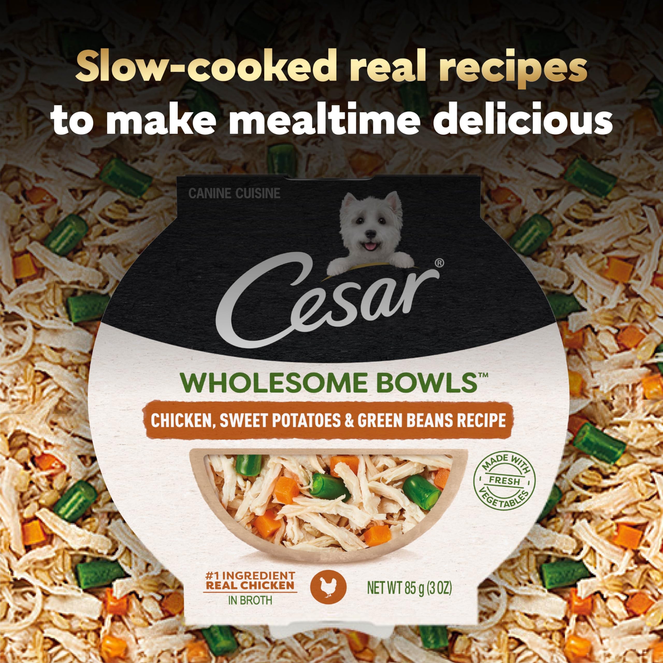 Cesar Wholesome Bowls kibble topper idea with real-meat base and fresh veggies