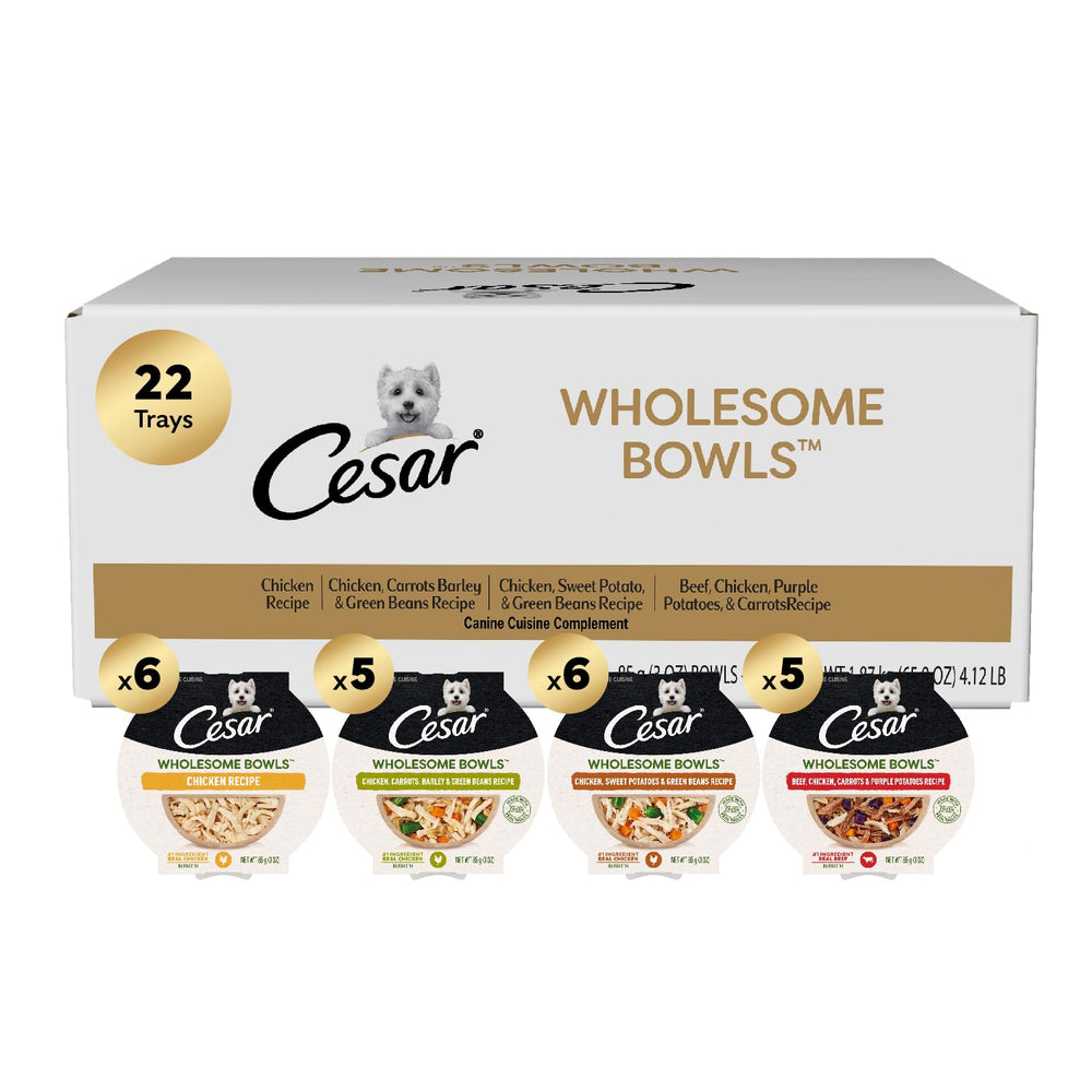 Cesar Wholesome Bowls variety-pack packaging for easy, ready-to-serve meals.