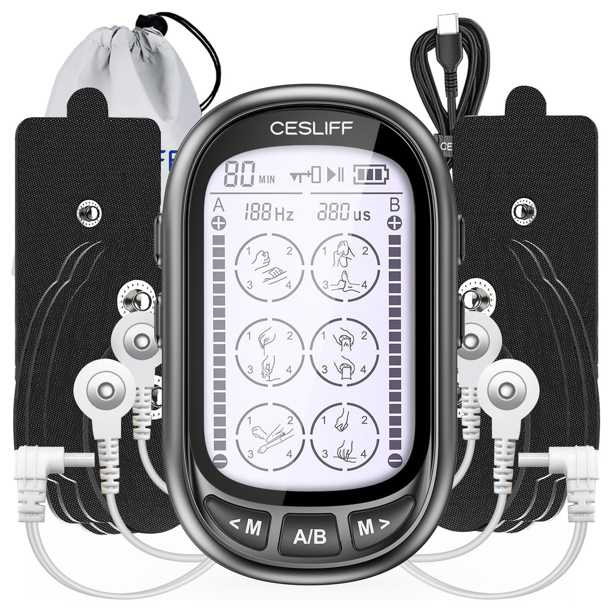 CESLIFF dual-channel TENS front panel enables easy operation with large screen.