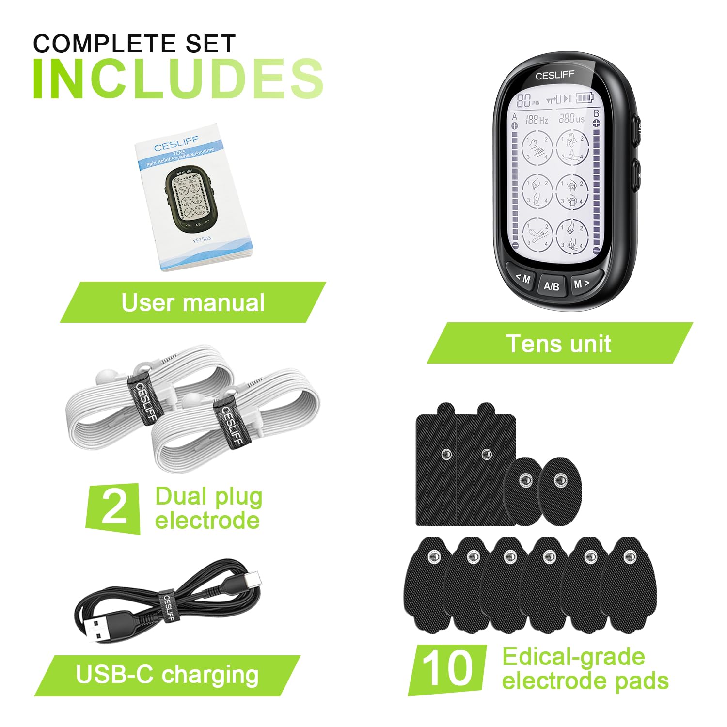 CESLIFF dual-channel TENS rechargeable battery supports cordless use.