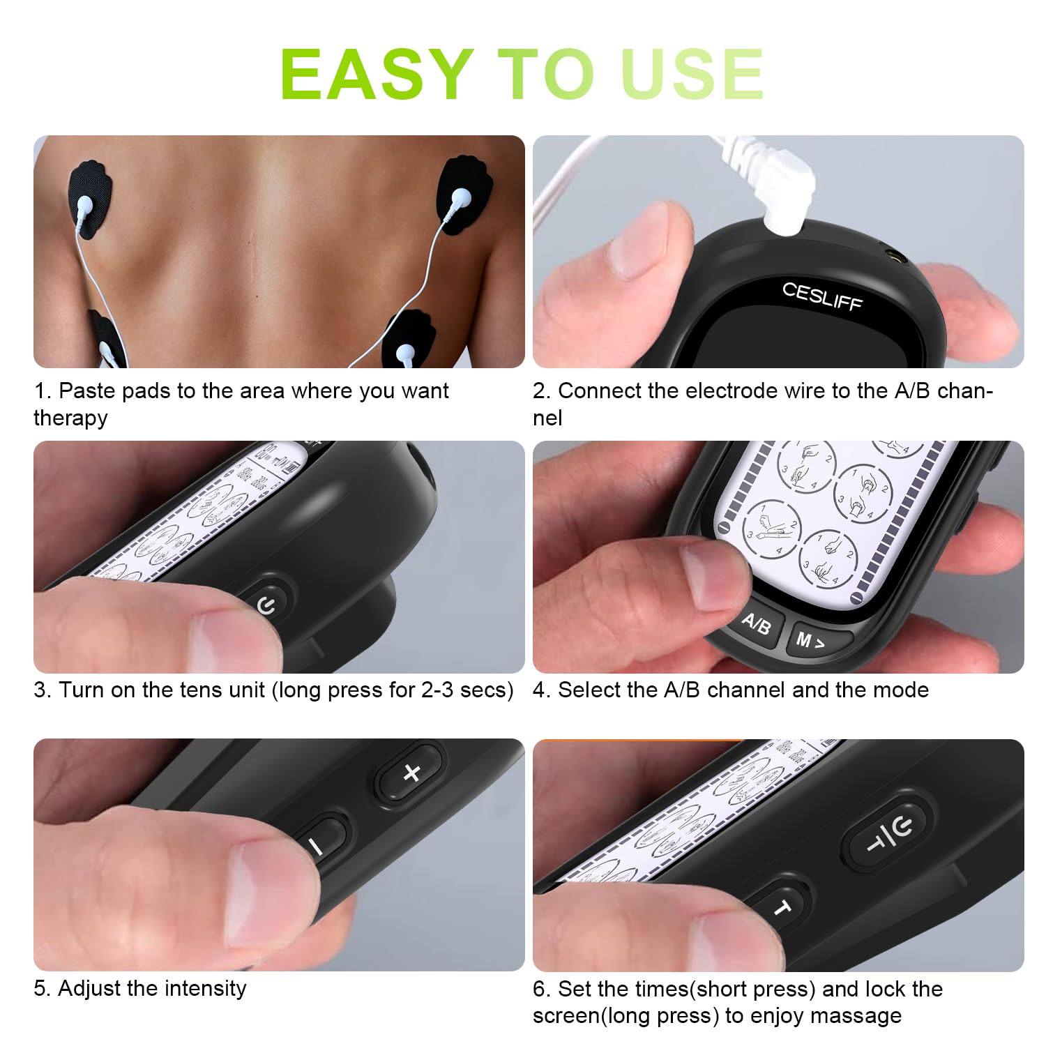 CESLIFF dual-channel TENS skin electrodes deliver comfortable contact.