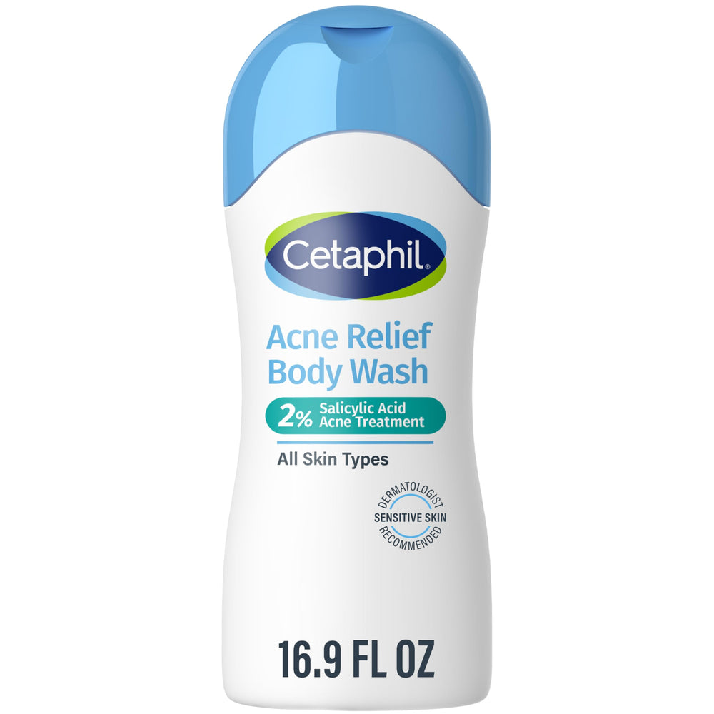 Cetaphil Acne Relief Body Wash bottle shows 2% salicylic acid for clearer skin.