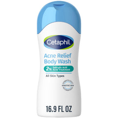Cetaphil Acne Relief Body Wash bottle shows 2% salicylic acid for clearer skin.