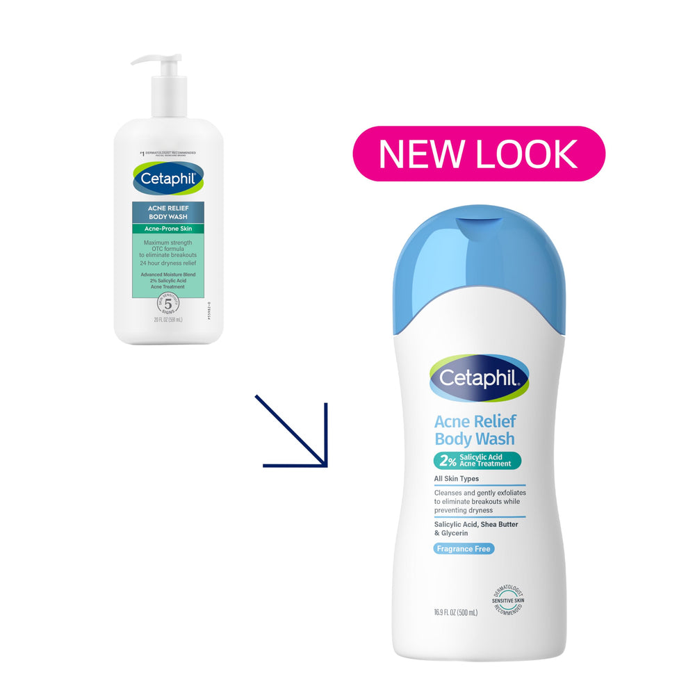 Cetaphil Acne Relief Body Wash pump-top demonstrates easy, fragrance-free cleansing.
