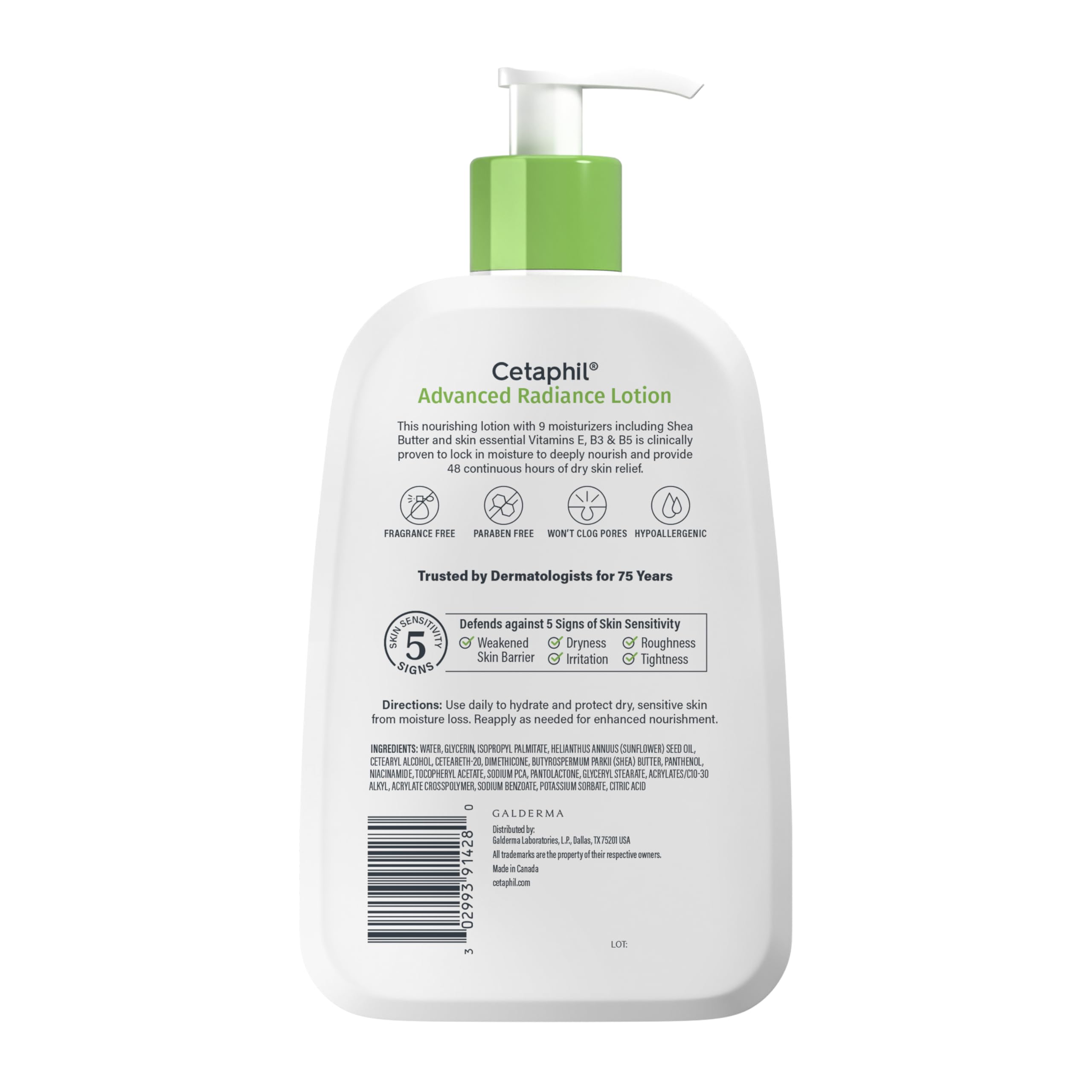 Fragrance-free icon beside Cetaphil lotion packaging