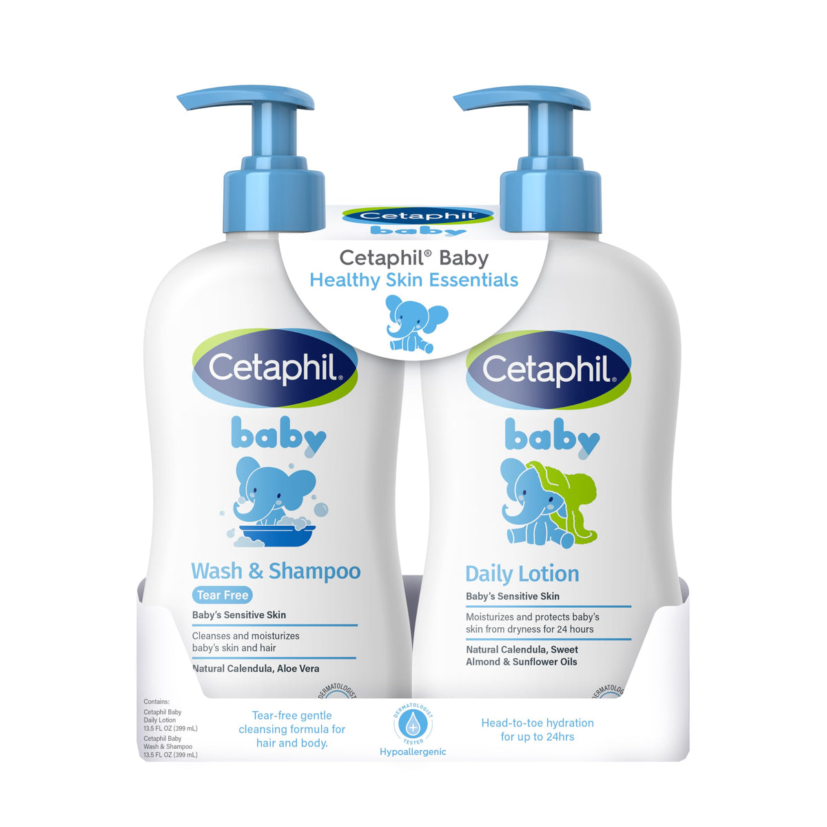 Cetaphil Baby Wash & Shampoo Plus Body Lotion 2-pack bottle tear-free cleansing for delicate skin.