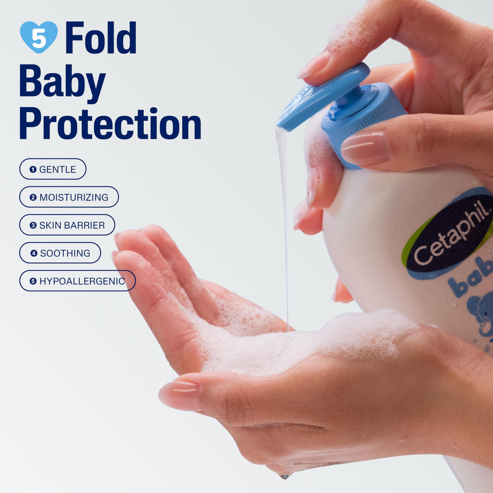 Cetaphil Baby Wash & Shampoo bottle with rich lather for easy cleansing.