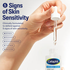 Label close-up of Cetaphil Ceramide Serum highlighting fragrance-free formula for sensitive skin