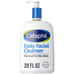 Cetaphil Daily Facial Cleanser bottle shows gentle foaming action for sensitive skin.
