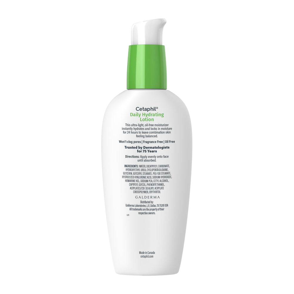 Cetaphil Daily Hydrating Lotion sensitive skin testing seal conveys dermatologist approval.