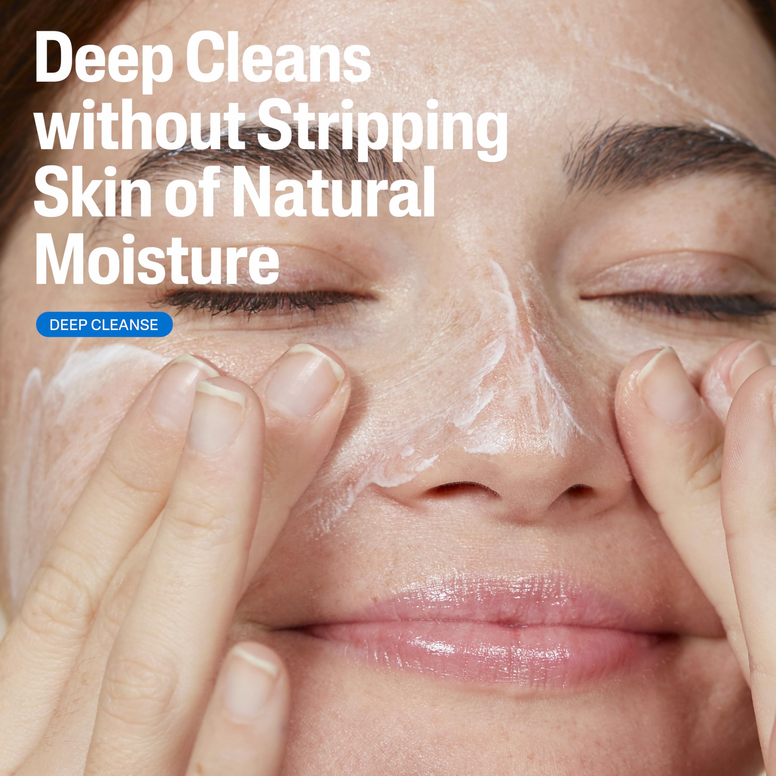 Cetaphil face wash pump bottle closeup demonstrating a soap-free formula.