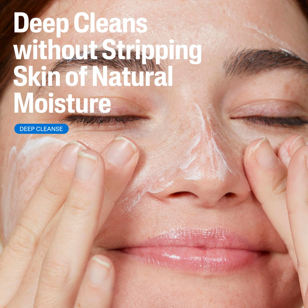 Cetaphil face wash pump bottle closeup demonstrating a soap-free formula.