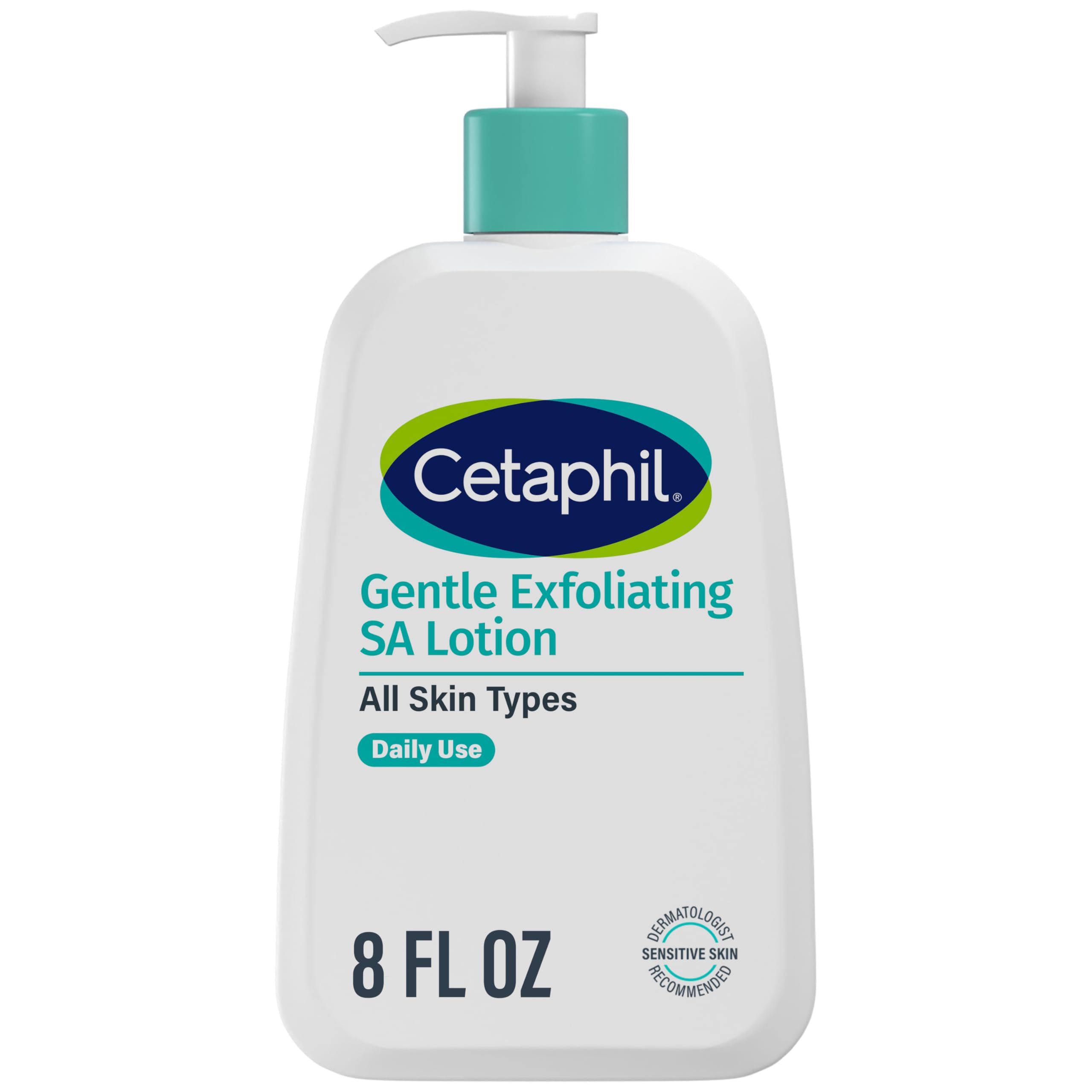 Cetaphil Gentle Exfoliating SA Lotion pump front shows lightweight hydration and daily exfoliation