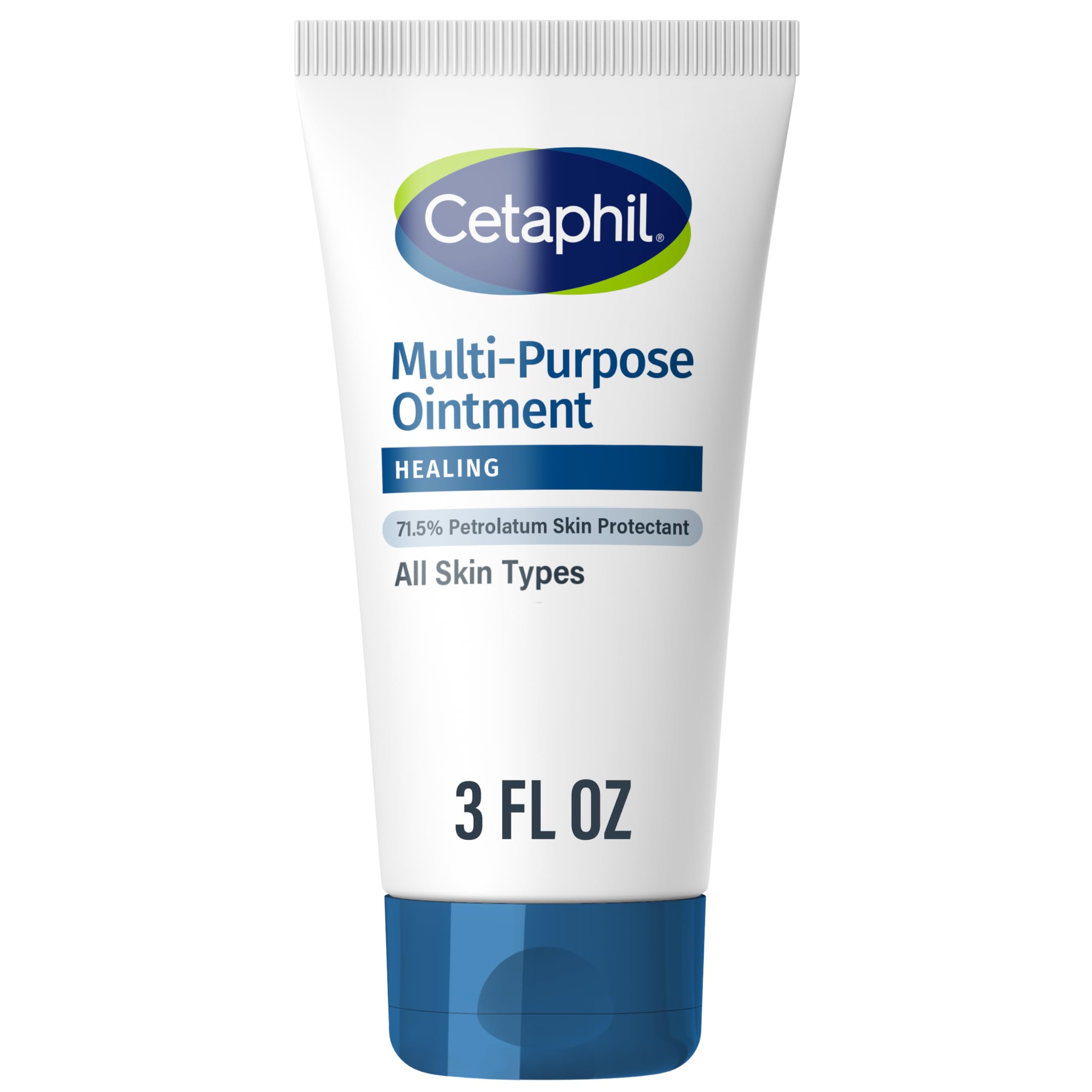Cetaphil Healing Ointment tube close-up showing petrolatum protection for dry skin.