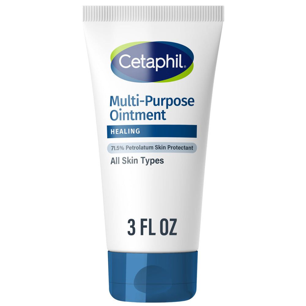 Cetaphil Healing Ointment tube close-up showing petrolatum protection for dry skin.