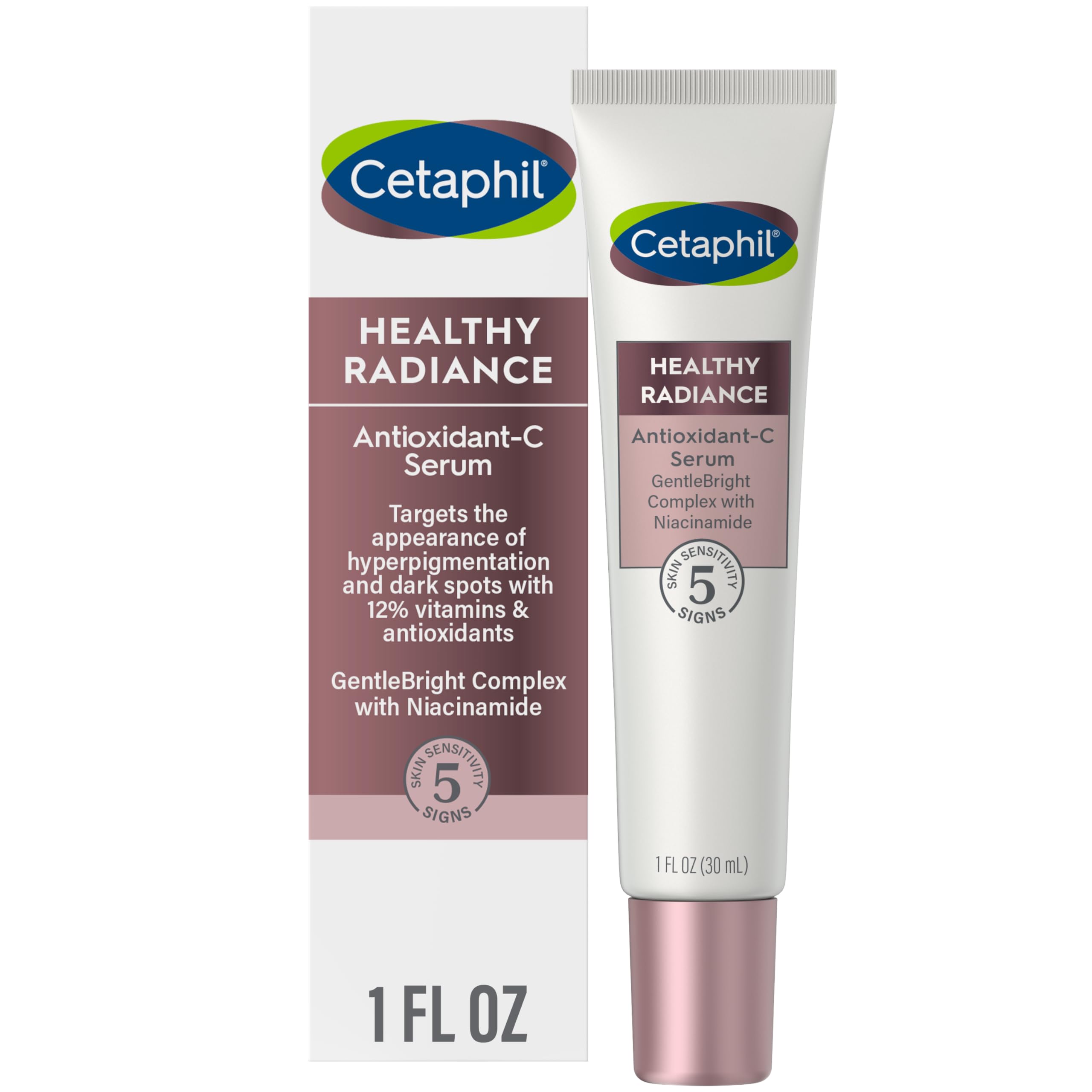 Cetaphil Healthy Radiance Serum bottle close-up, fragrance-free formula for sensitive skin.