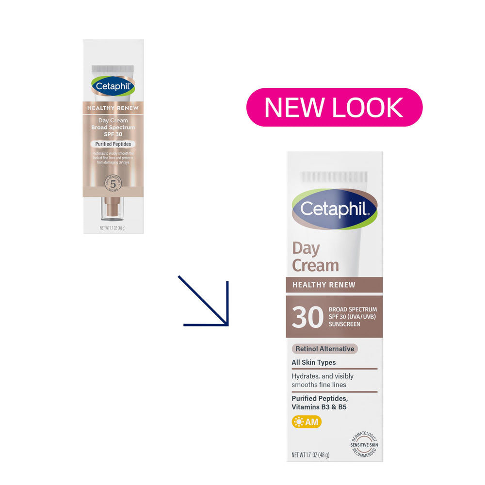 Cetaphil Healthy Renew Day Cream SPF 30 tube in hand for easy daily moisturization.