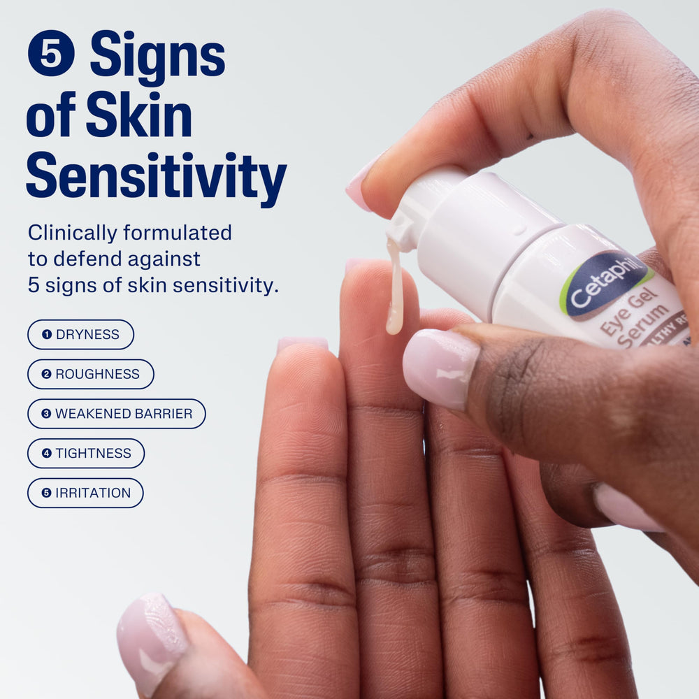 Close-up of applying Cetaphil eye gel under the eye area.