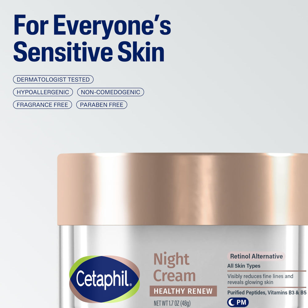 Cetaphil Healthy Renew embossed label emphasizing fragrance-free and dermatologist-tested claims