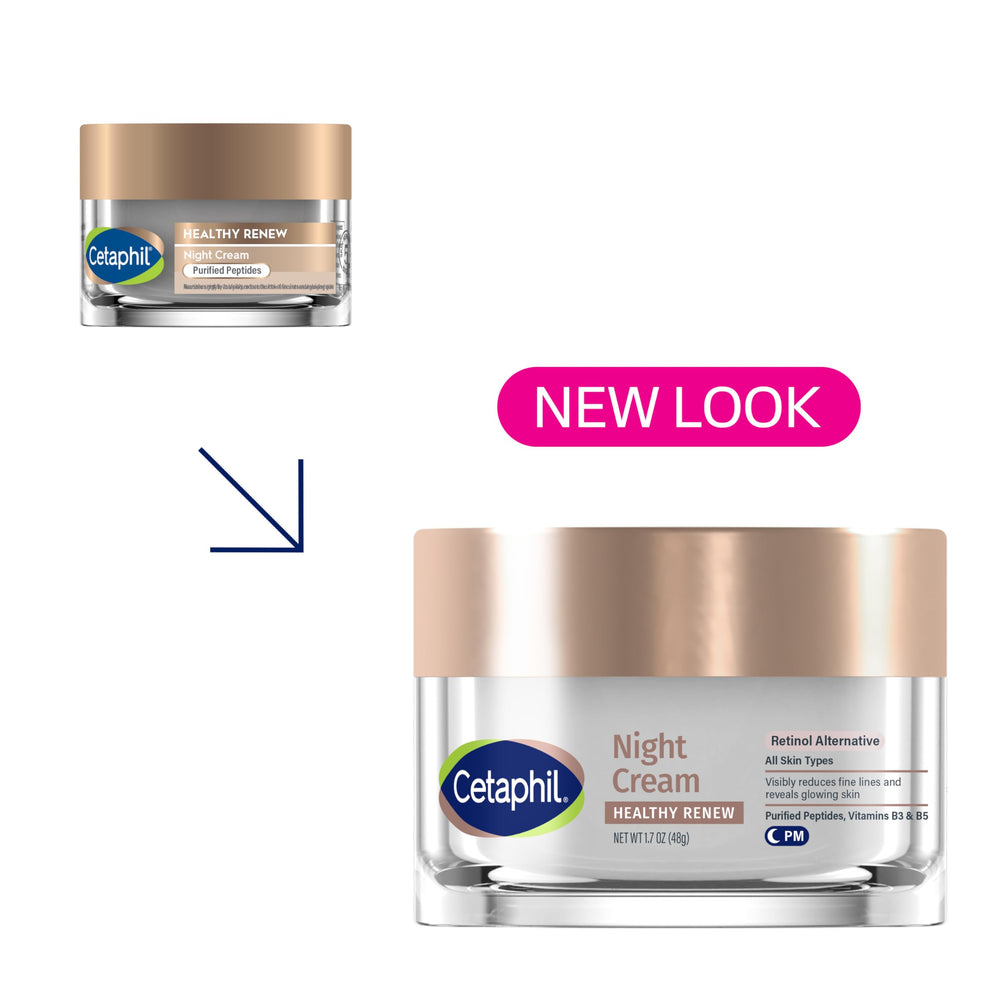 Cetaphil Healthy Renew label view highlighting peptides and botanical extracts for gentle anti-aging