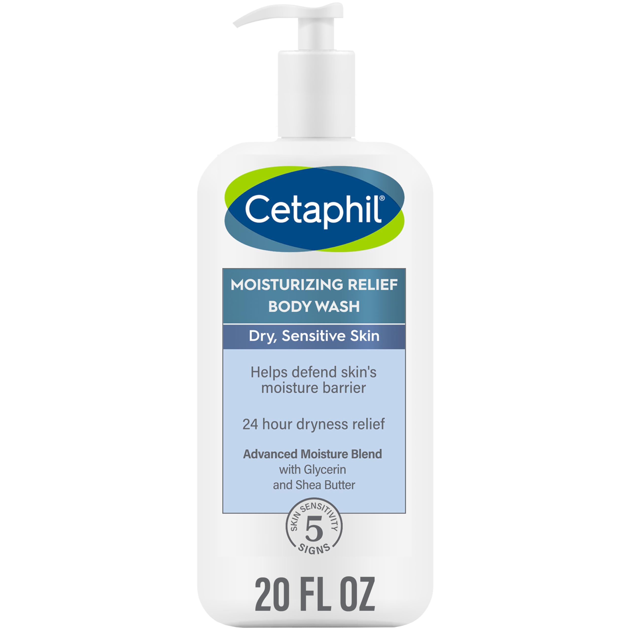 Cetaphil Moisturizing Relief bottle front view showing gentle cleansing for sensitive skin