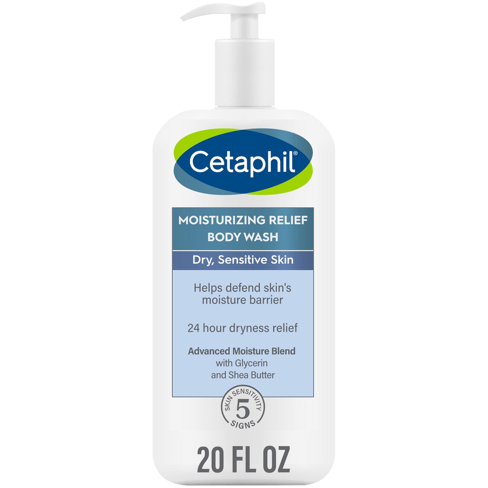 Cetaphil Moisturizing Relief bottle front view showing gentle cleansing for sensitive skin