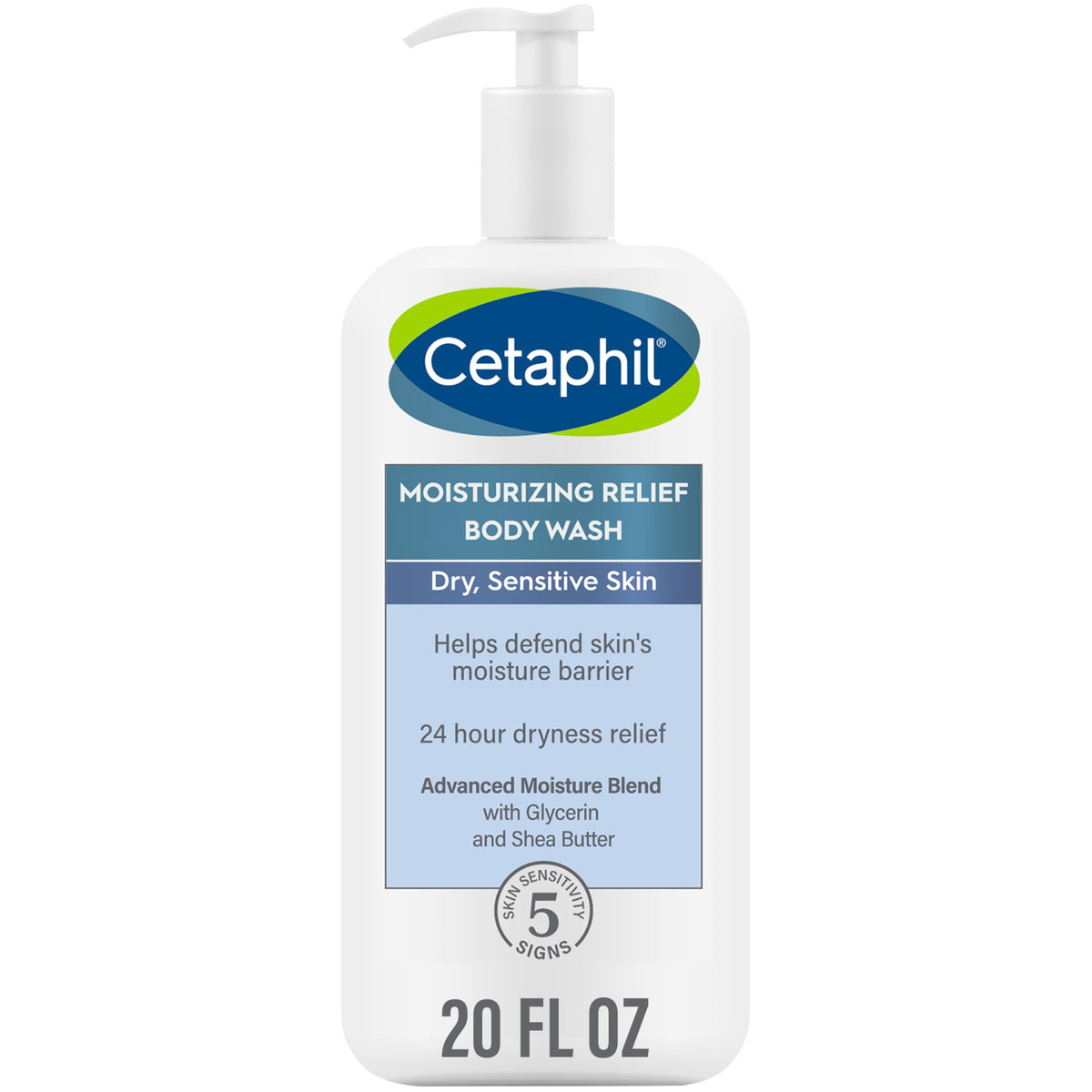 Cetaphil Moisturizing Relief bottle front view showing gentle cleansing for sensitive skin