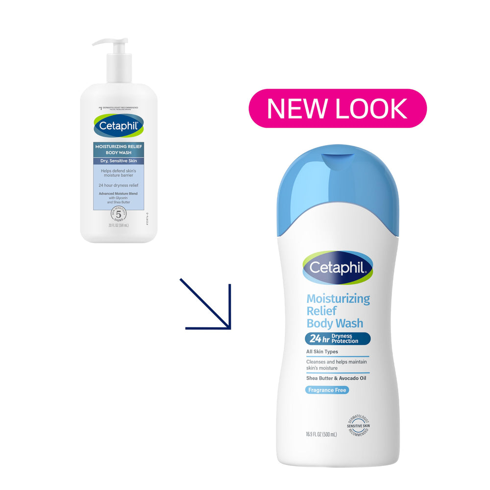 Cetaphil Moisturizing Relief bottle being poured for a gentle cleanse and moisture.