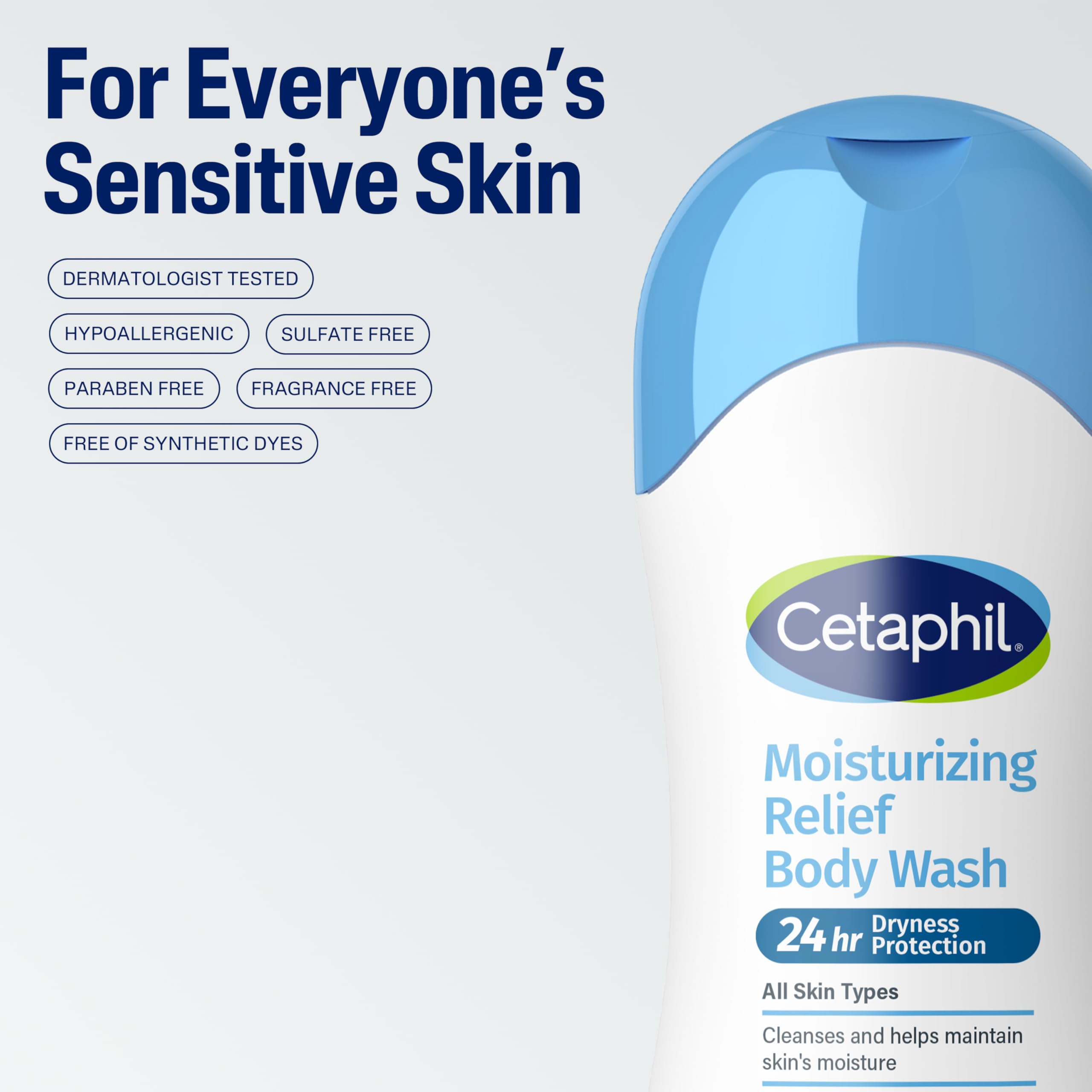 Cetaphil Moisturizing Relief bottle on a bathroom counter ready for daily use.