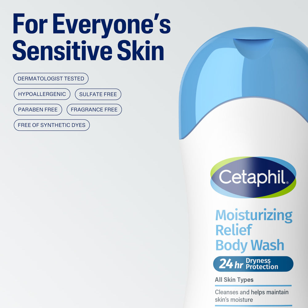 Cetaphil Moisturizing Relief bottle on a bathroom counter ready for daily use.