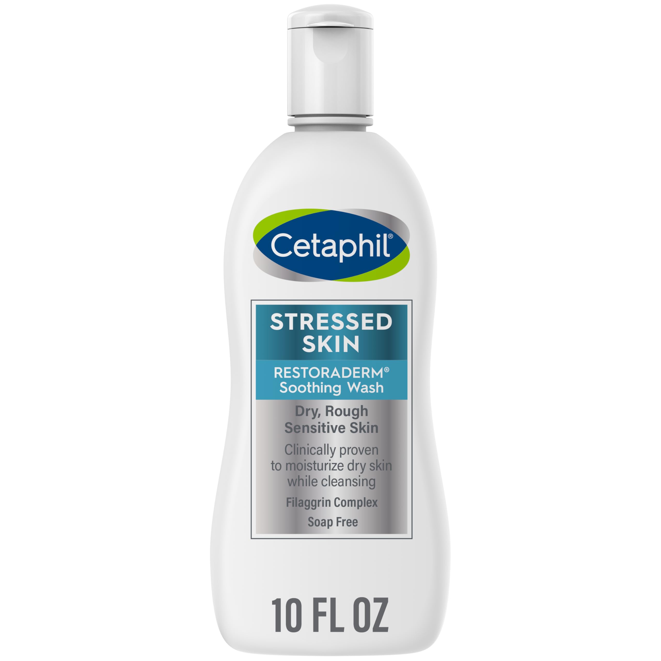 Cetaphil Restoraderm Soothing Wash bottle-pour demonstrates gentle cleansing for dry, sensitive skin.