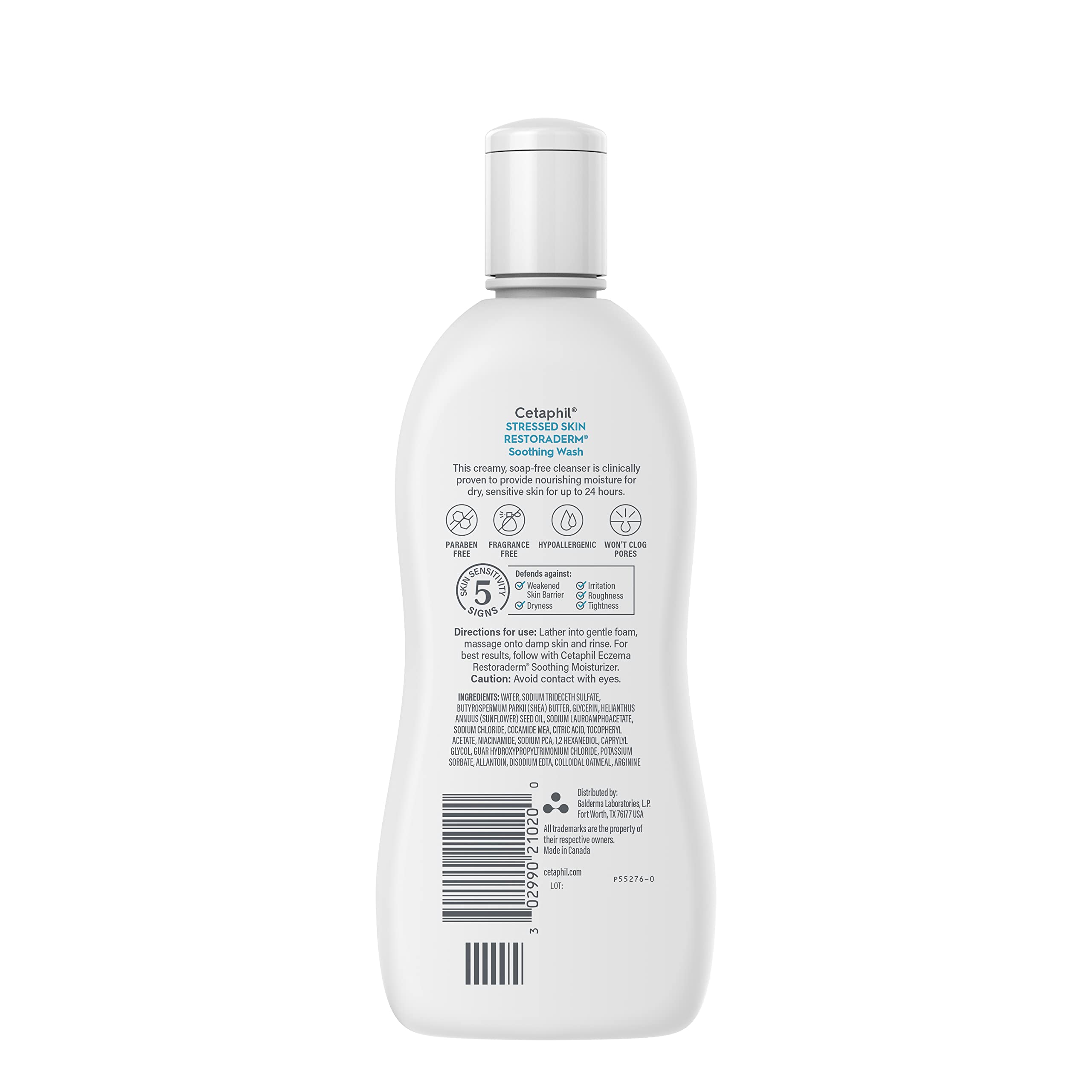 Cetaphil Restoraderm Soothing Wash packaging showcases hypoallergenic design and NEA endorsement.