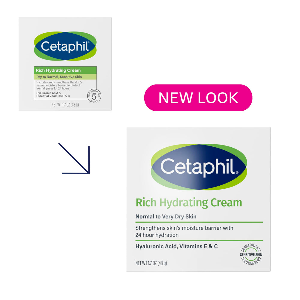 Cetaphil Rich Hydrating Night Cream jar swirl highlights lightweight, non-greasy texture for sensitive skin.