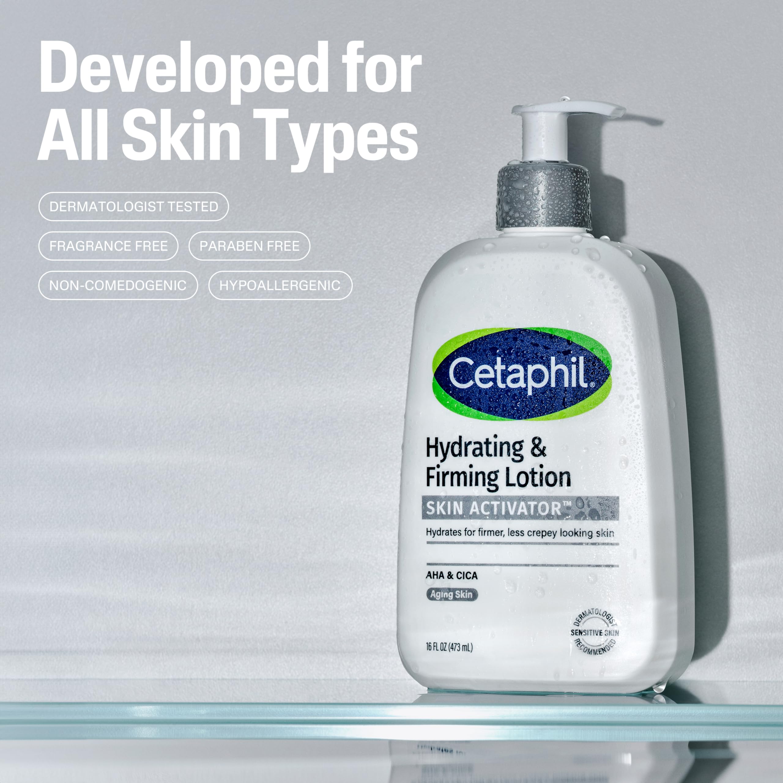Cetaphil Skin Activator lotion texture shows lightweight, non-greasy firming coverage.