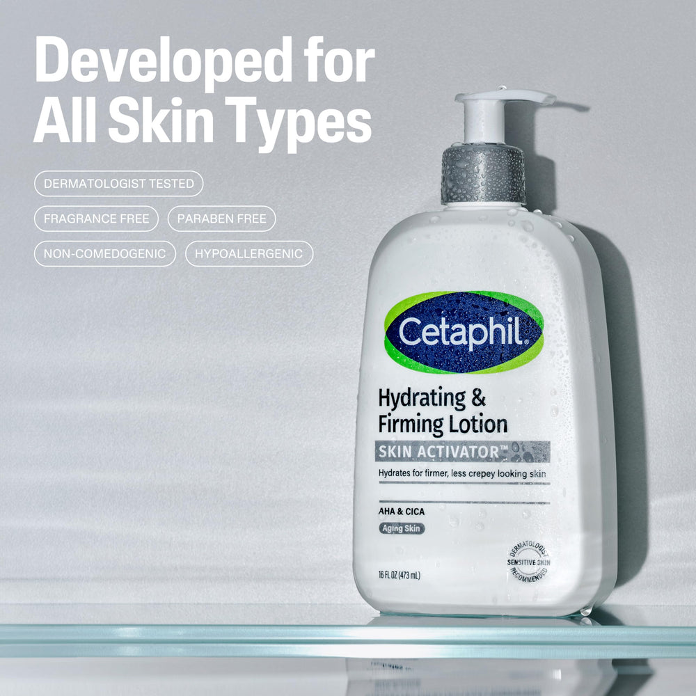 Cetaphil Skin Activator lotion texture shows lightweight, non-greasy firming coverage.