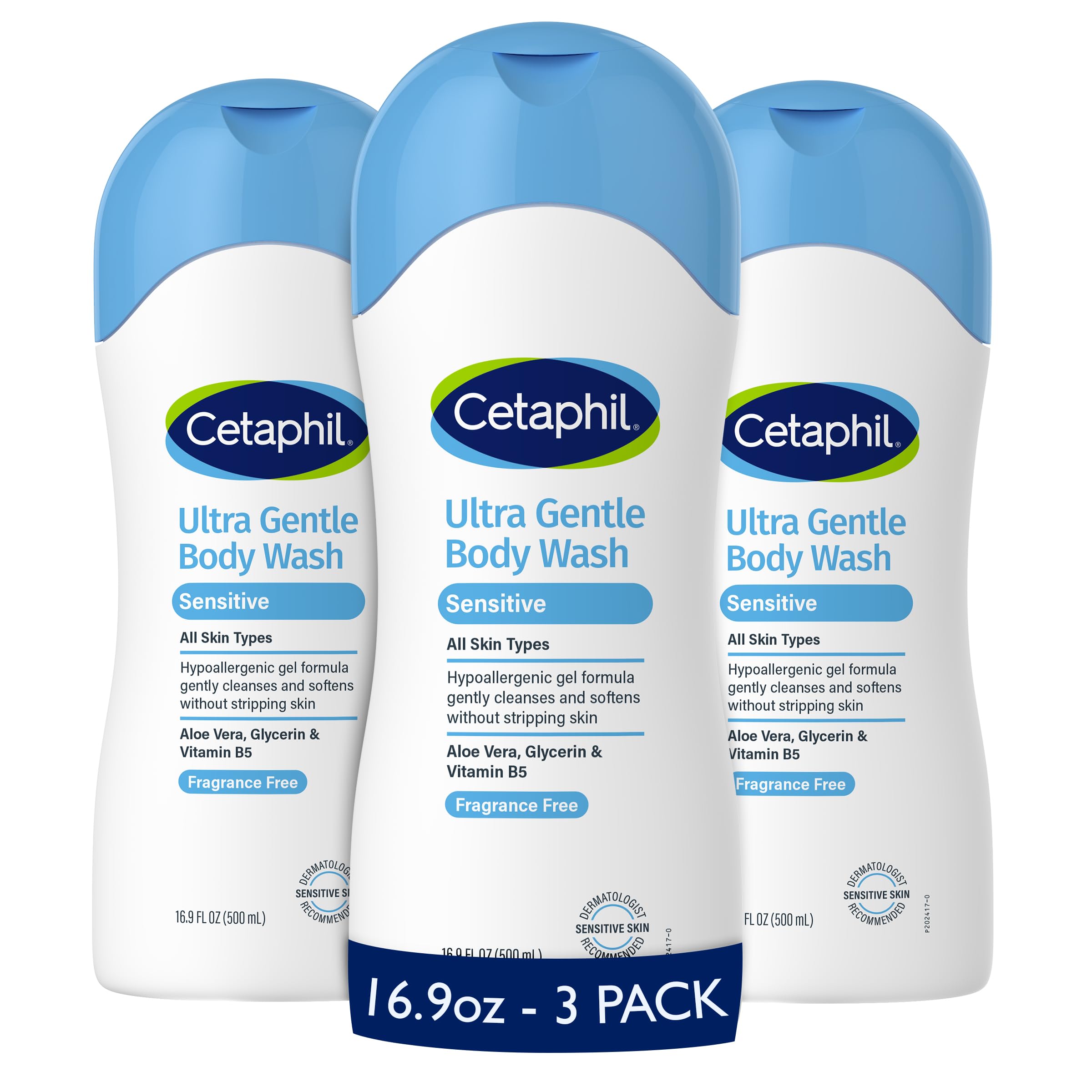 Cetaphil Ultra Gentle Body Wash 3-pack bottle on shelf for sensitive skin daily cleansing